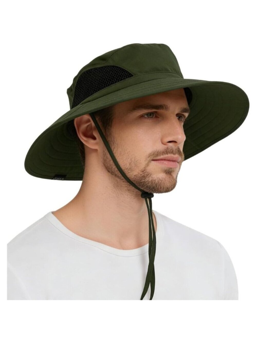 Unisex Army Green 100%Polyester Wide Brim Mesh Vents With Chin Strap Fishing Hat